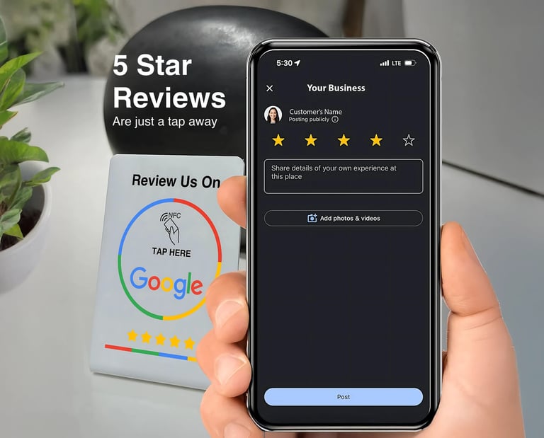 Google NFC review sign and phone showing 5-star screen. Tap-to-review for small business clients.