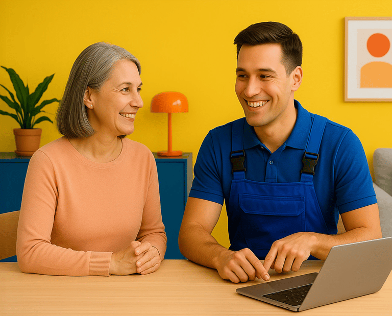 Tech matchmaker in Cedar Rapids helping customer pick the right device in bright, colorful room.