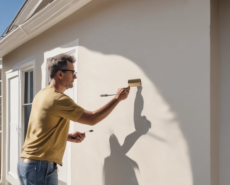 Professional painter applying beige exterior house paint with a roller on a residential wall.
