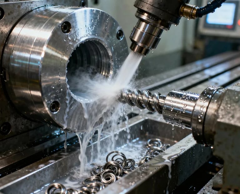 A high-precision CNC machine using liquid coolant to drill a metal part in an industrial factory setting.