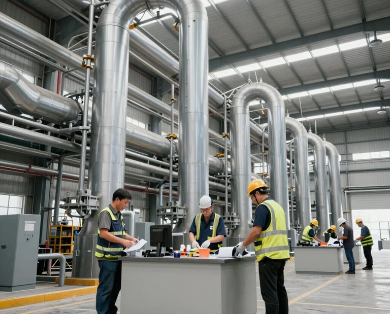 Industrial team analyzing process flowcharts in a modern factory setting.