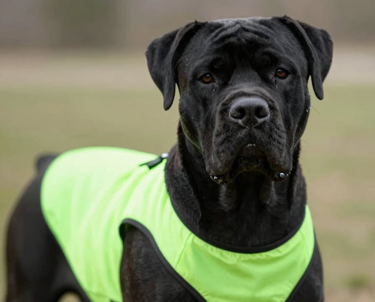 Un perro Cane Corso negro que lleva un chaleco amarillo neón brillante.