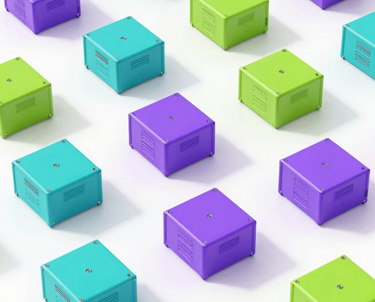 a group of purple cubes hanging from a metal bar