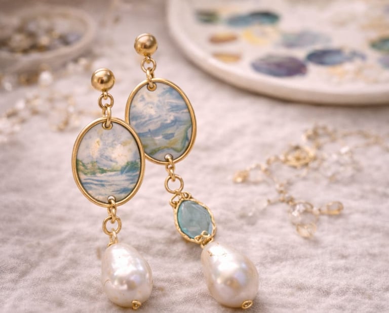 “Pendientes colgantes de oro hechos a mano con pinturas paisajísticas ovaladas y perlas