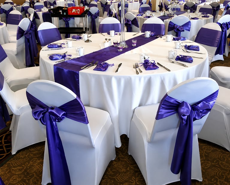 Premium banquet linen collection featuring elegant tablecloths, chair covers, chair bows, napkins