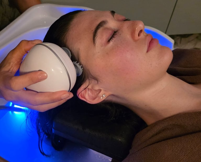 Trattamento con manipolo per il massaggio del cuoio capelluto durante un percorso Head SPA
