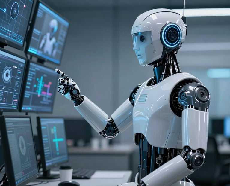 White humanoid robot pointing at digital monitors in a high-tech AI control center laboratory.