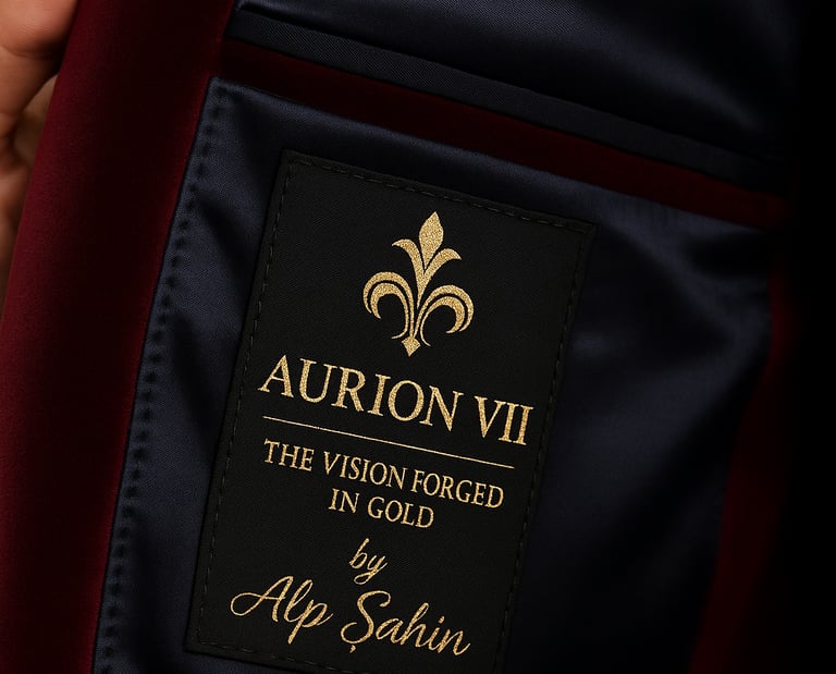 Close-up of the Aurion VII golden emblem inside a tailored jacket, representing elegance and crafted