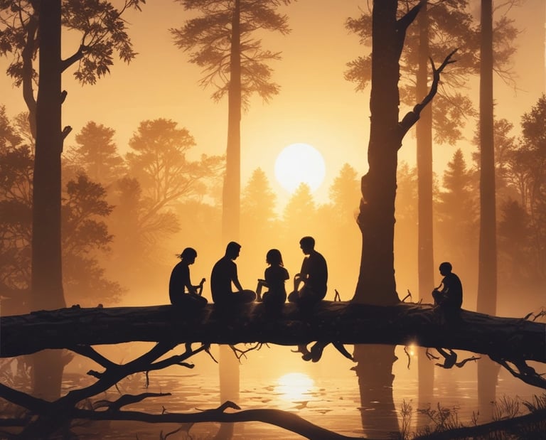A serene group session in a softly lit room with people practicing gentle movement.