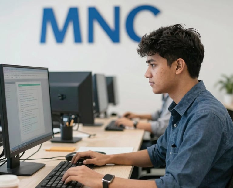 A friendly counselor assisting a student with admission forms in a bright office.