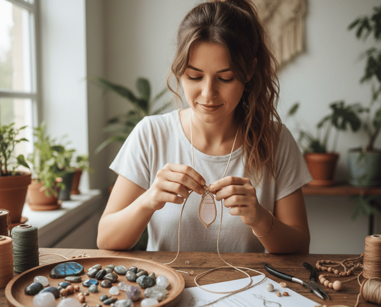 mujer haciendo macramé feliz con piedras preciosas 