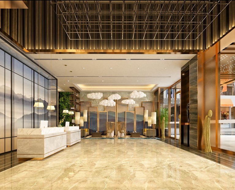 Modern luxury hotel lobby featuring marble floors, gold accents, and cloud-shaped pendant lights.