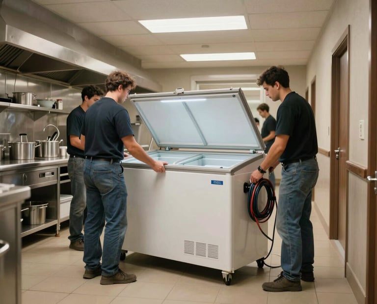Wide environmental shot, installation crew positioning a large chest freezer unit inside a hotel kitchen corridor, worker connecting power cable at back of unit, overhead fluorescent lighting, tiled floor, stainless steel kitchen surfaces visible