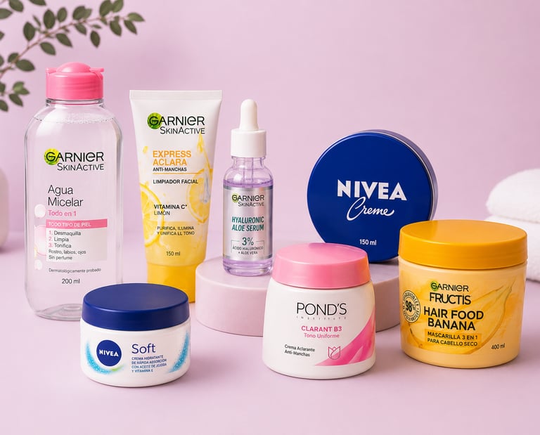 Selección de productos para el cuidado de la piel y el cabello de Garnier, Nivea y Pond's