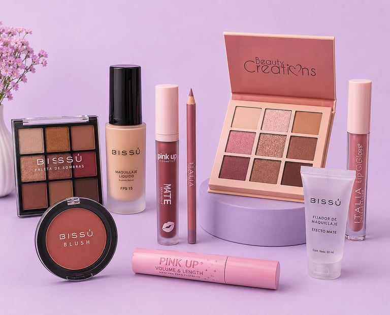 Surtido de cosméticos Beauty Creations y Bissu como paletas de sombras de ojos, base y labiales