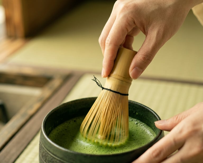 hands preparing matcha with chasen and chawan