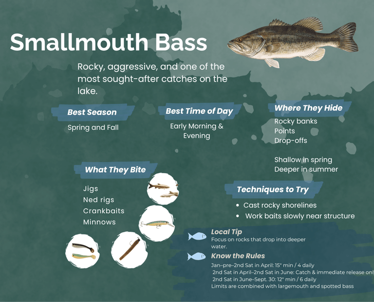 Smallmouth bass fishing guide with tips on best seasons, lures, and techniques for catching bass.