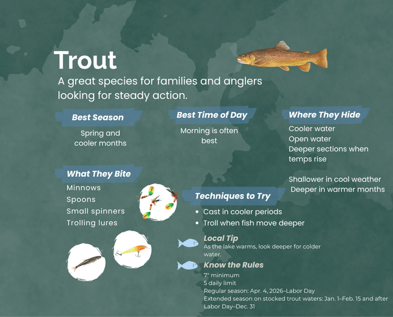 Trout fishing infographic showing best seasons, bait, and techniques for anglers.