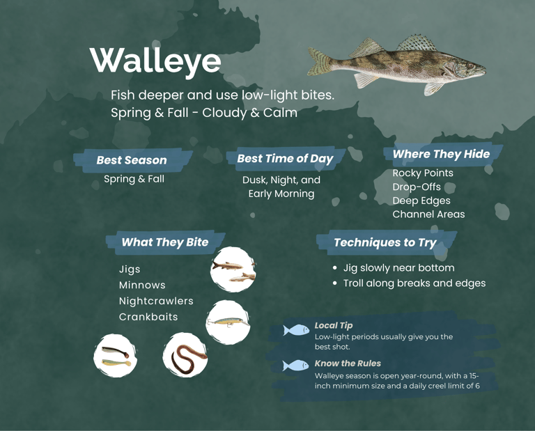 Informative walleye fishing guide infographic showing best seasons, baits, and techniques for catchi