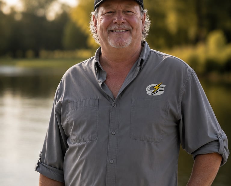 Smiling man in a grey Caloosa Electric work shirt and branded hat standing outdoors by a lake.