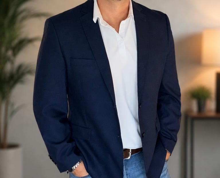 Professional male business portrait wearing a navy blazer and jeans in a modern office setting.