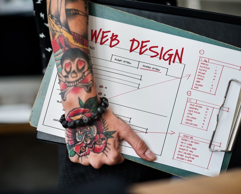 a person with tattoos holding a clipboard with a chart that is labeled web design