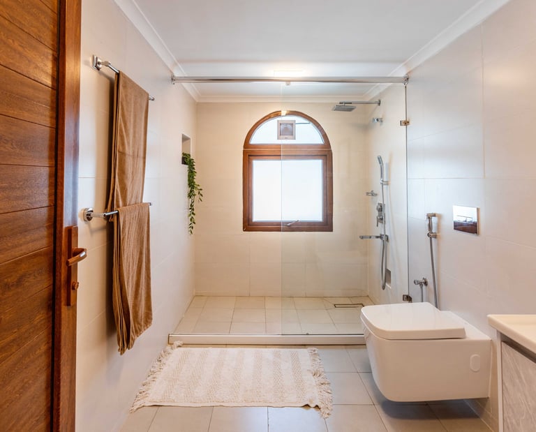 a bathroom with a toilet and a shower
