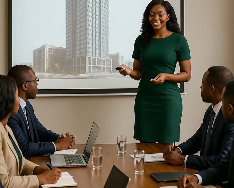 a woman in a green dress standing in front of a presentation screen