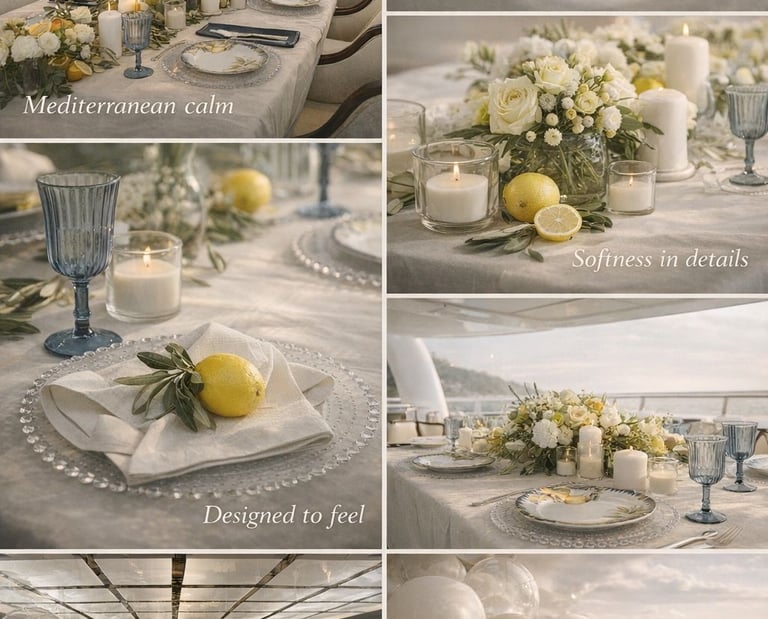 Luxury yacht table decoration with flowers and candles in Bodrum