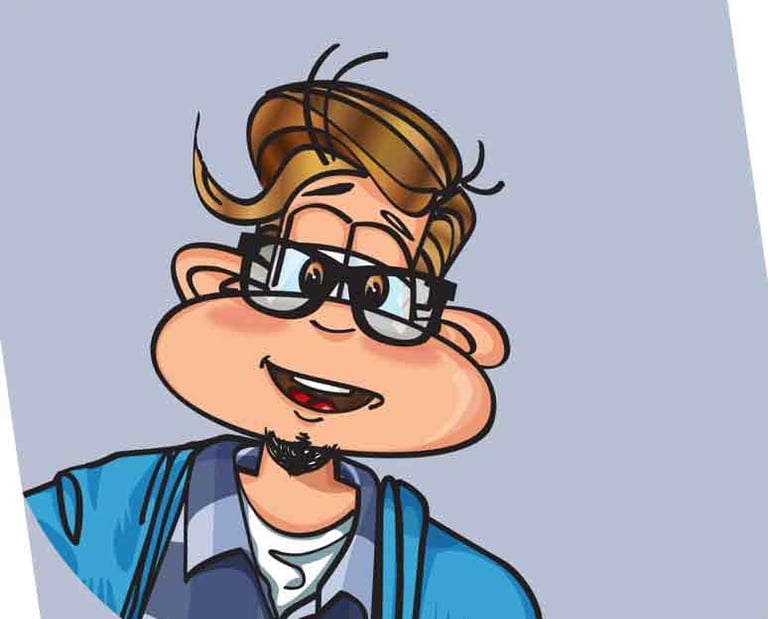 a cartoon character with glasses and a blue shirt