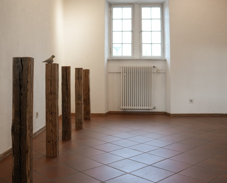 Still life with bird, 2024 - 1 ceramic bird, concrete, 5 wooden poles size variable ©Ties Ten Bosch