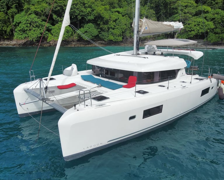 Kephas luxury catamaran anchored in pristine bay of Gulf of Papagayo, Guanacaste, Costa Rica