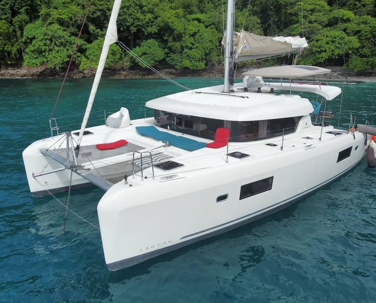 Kephas luxury catamaran anchored in pristine bay of Gulf of Papagayo, Guanacaste, Costa Rica
