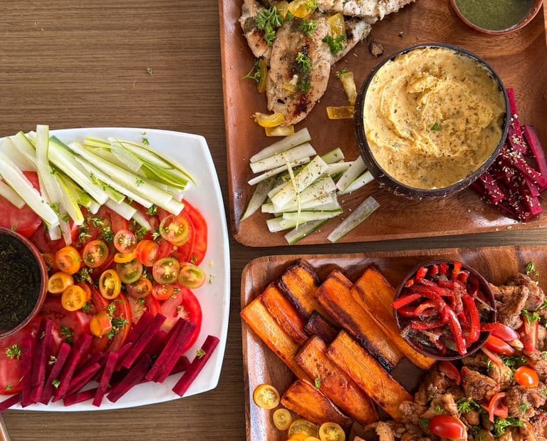 Fresh vegetable platter with hummus prepared onboard luxury catamaran in Costa Rica