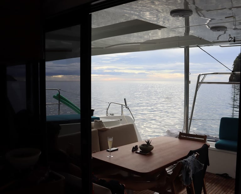 Stunning sunset views from inside Kephas luxury catamaran in Gulf of Papagayo