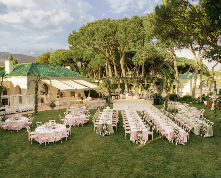 Wedding ceremony setup at Villa El Rincon gardens