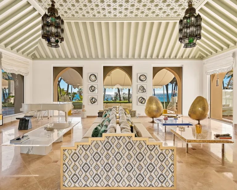 Living room at Villa El Rincon with Moroccan accents and sea views
