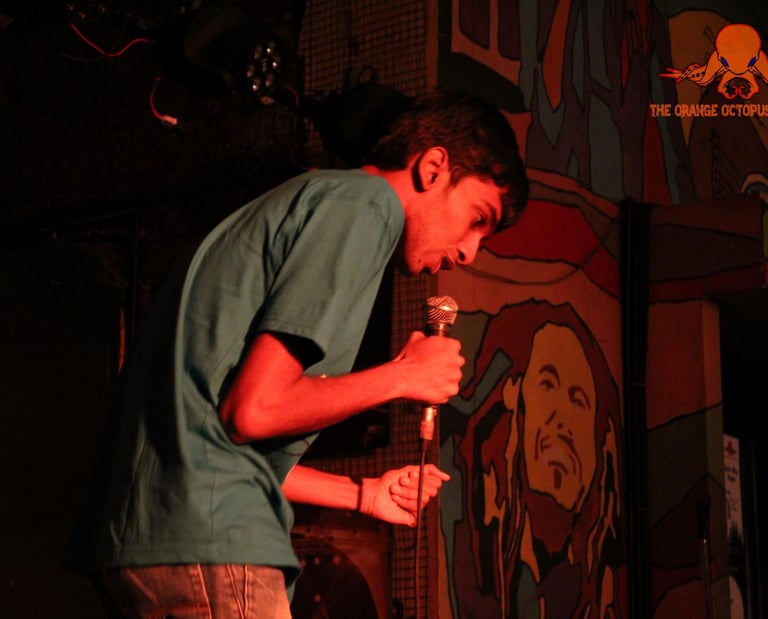 Tarang Hardikar, a stand up comedian performs at an Orange Octopus event in 2017.