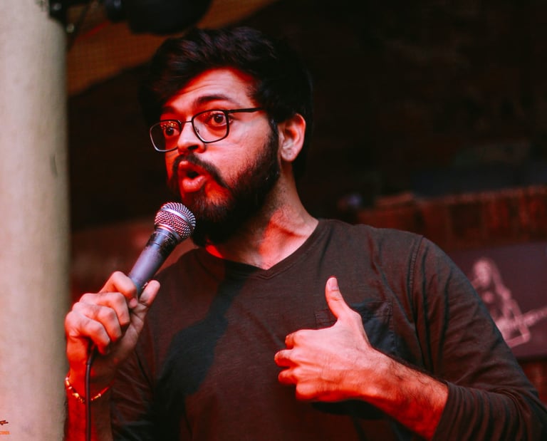 Raghav Thakkar, a stand up comedian performs at an Orange Octopus event in 2017.