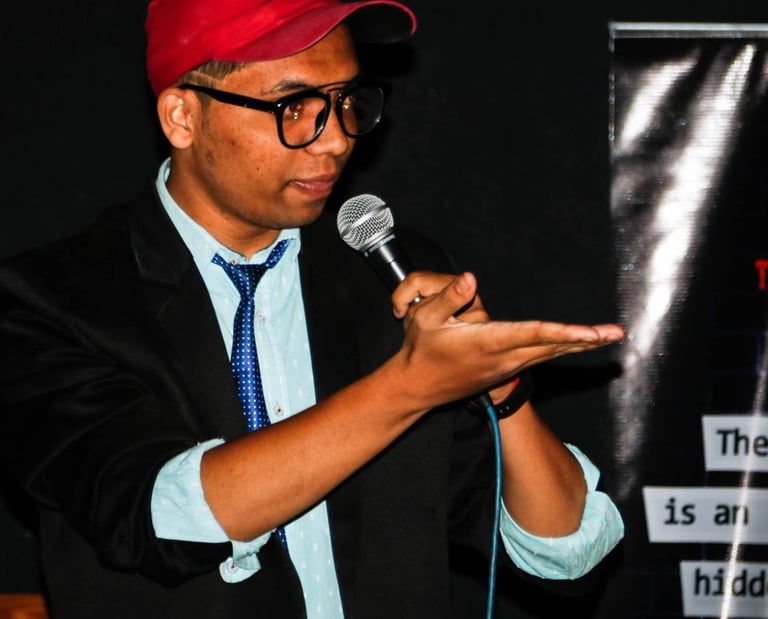 Manish Pawar, a stand up comedian, performs at an Orange Octopus event in 2018