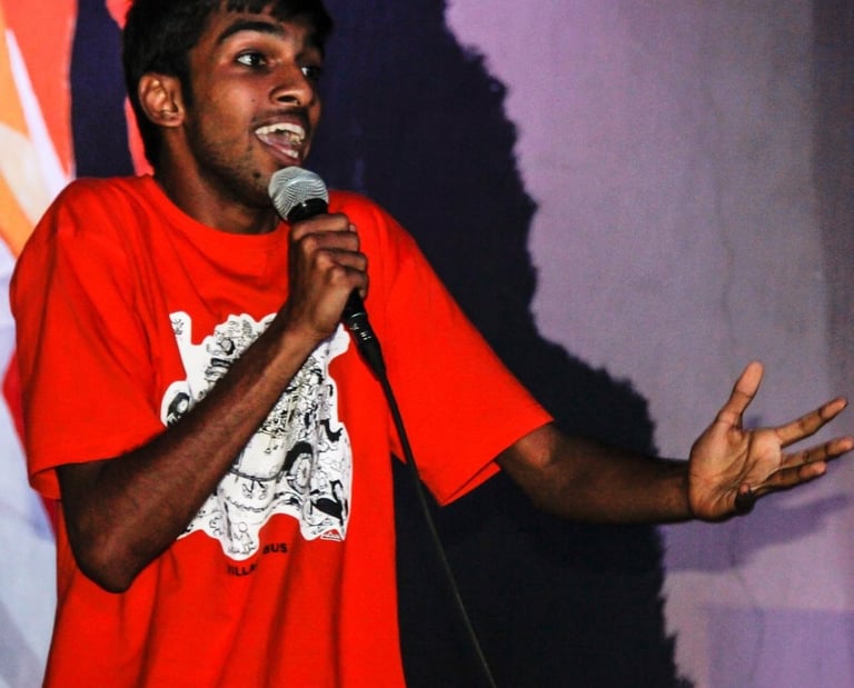 Tarang Hardikar, a stand up comedian performs at an Orange Octopus event in 2018.