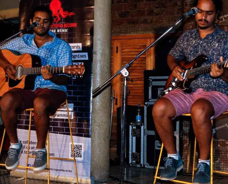 The Rao Brothers, a singer-songwriter duo, performs at an Orange Octopus event in 2018