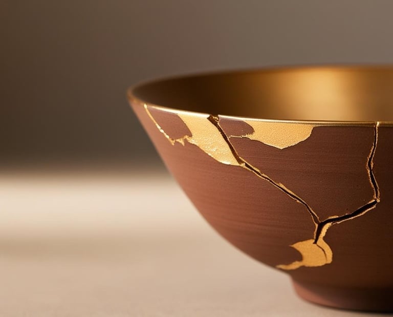 Ceramic bowl repaired with golden Kintsugi cracks, symbolizing beauty in imperfection.