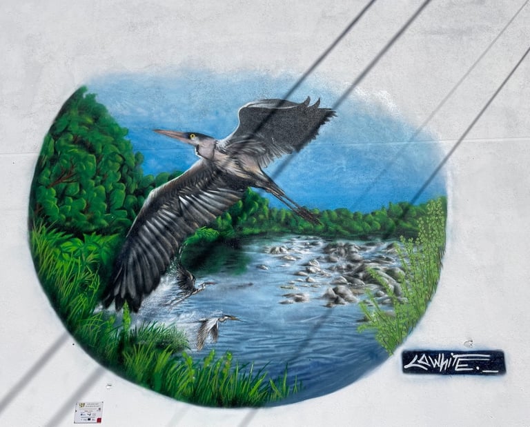 une peinture de héron cendré avec une rivière