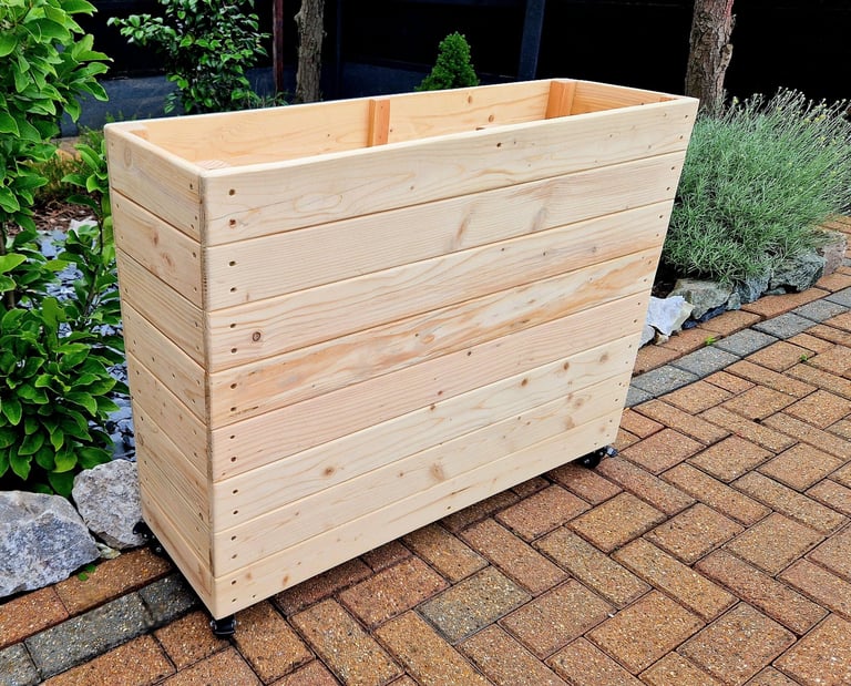 restaurant planter on wheels shallow bottom WOODEN OUTDOOR PLANTER GARDEN SOLID WOOD HANDMADE UK LONDON THROUGH tall large