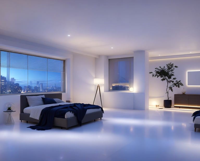 3D render of a modern bedroom suite with city view