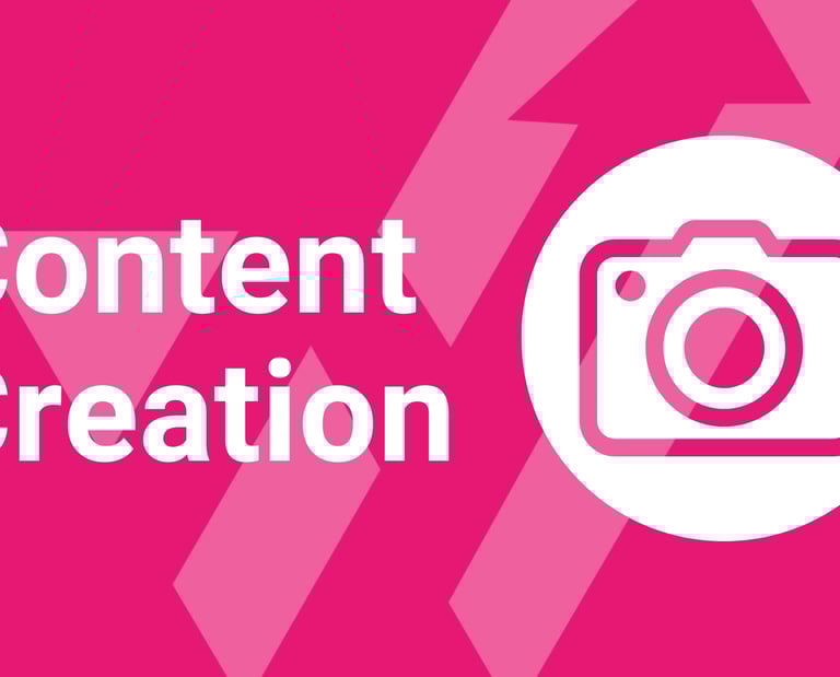 Content Creation text in white on a bright pink background with a white camera icon inside a circle.