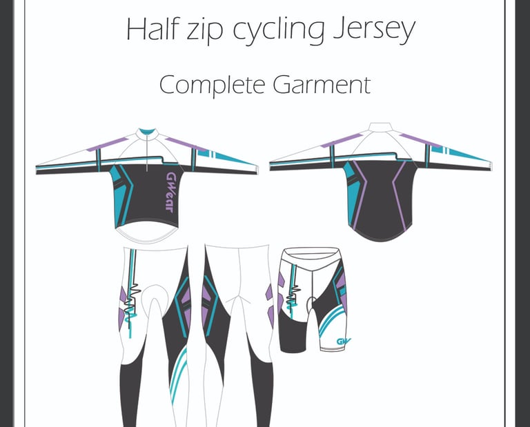 Technical specification sheet front view of cycling jersey design by Cavity Studios.