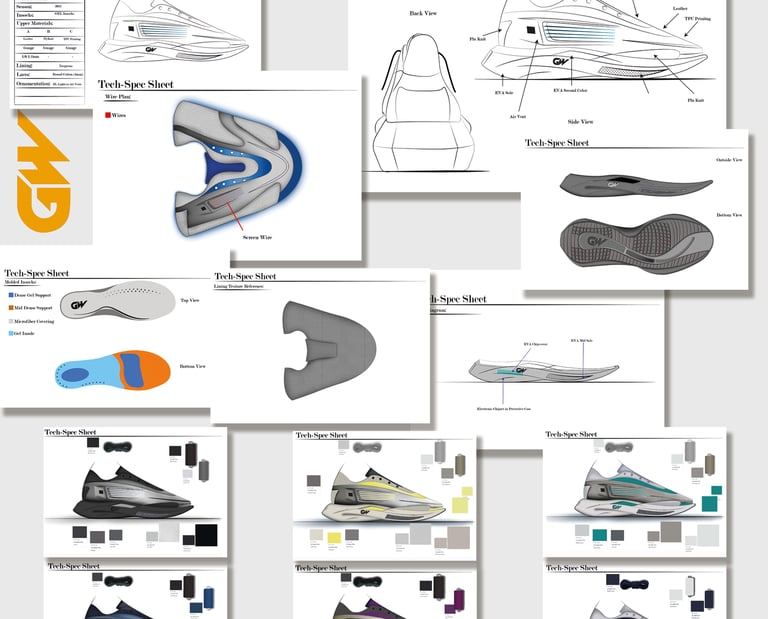 Running shoe technical specification sheet by Cavity Studios showing detailed design specs.