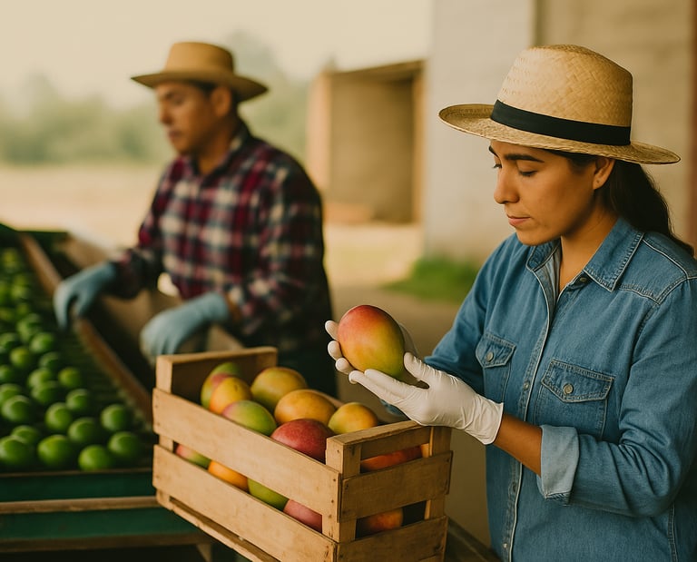 a woman in a hat and gloves holding a box of mangos